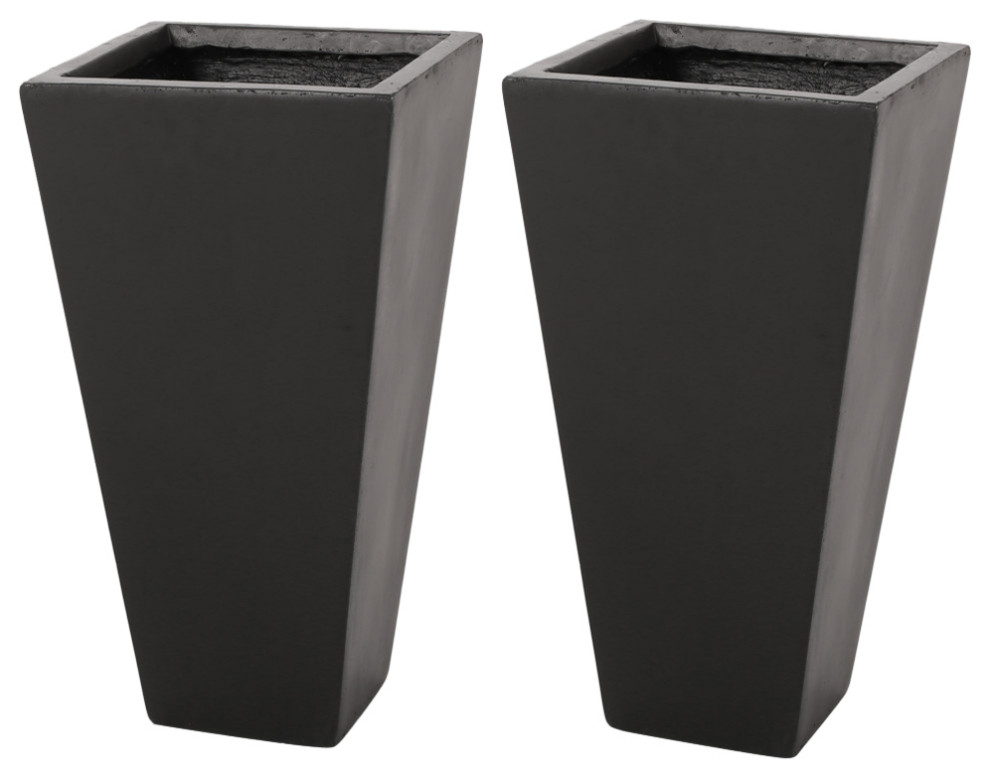 Toland Outdoor Modern Cast Stone Planters (Set of 2), Matte Black, 13 W X 13 D X 24.75 H