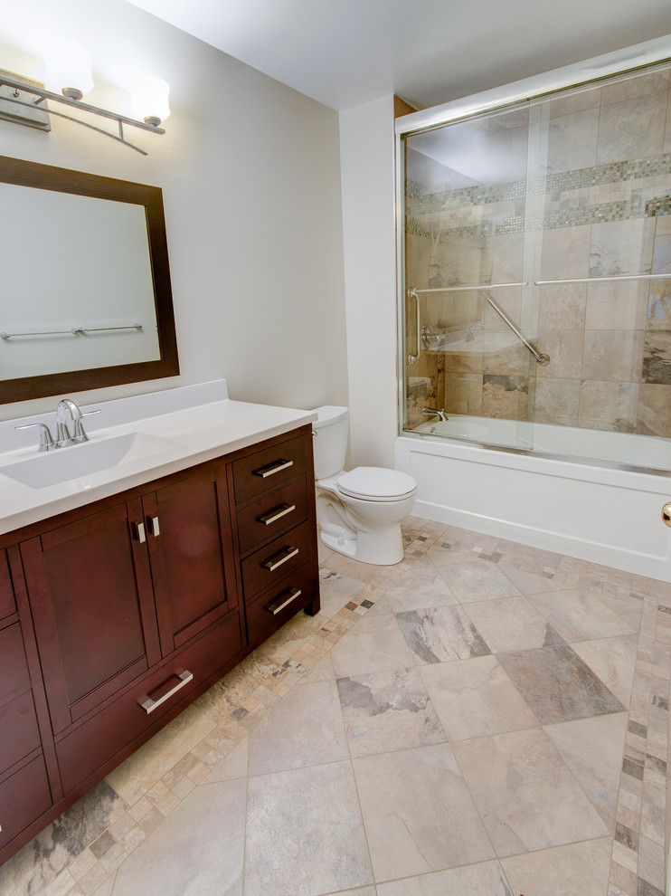 This is an example of a contemporary 3/4 bathroom in Toronto with an alcove tub, a shower/bathtub combo, porcelain tile and a shower curtain.