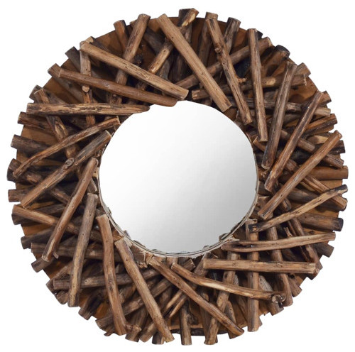 vidaXL Decorative Mirror Wall Mirror Bathroom Mirror Solid Teak Wood Round