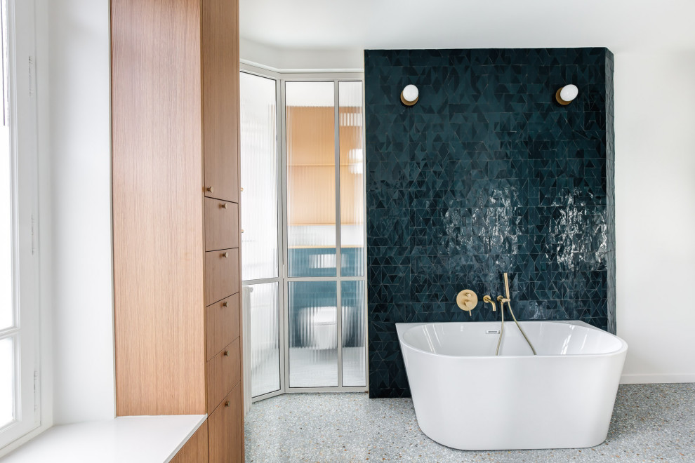 Large contemporary ensuite bathroom in Paris with brown cabinets, a built-in bath, a corner shower, green tiles, mosaic tiles, white walls, a built-in sink, white worktops, double sinks and a freestanding vanity unit.