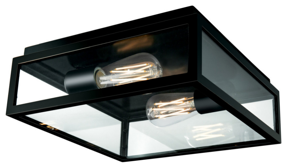 2-Light Outdoor Flush Mount, Matte Black With Clear Glass