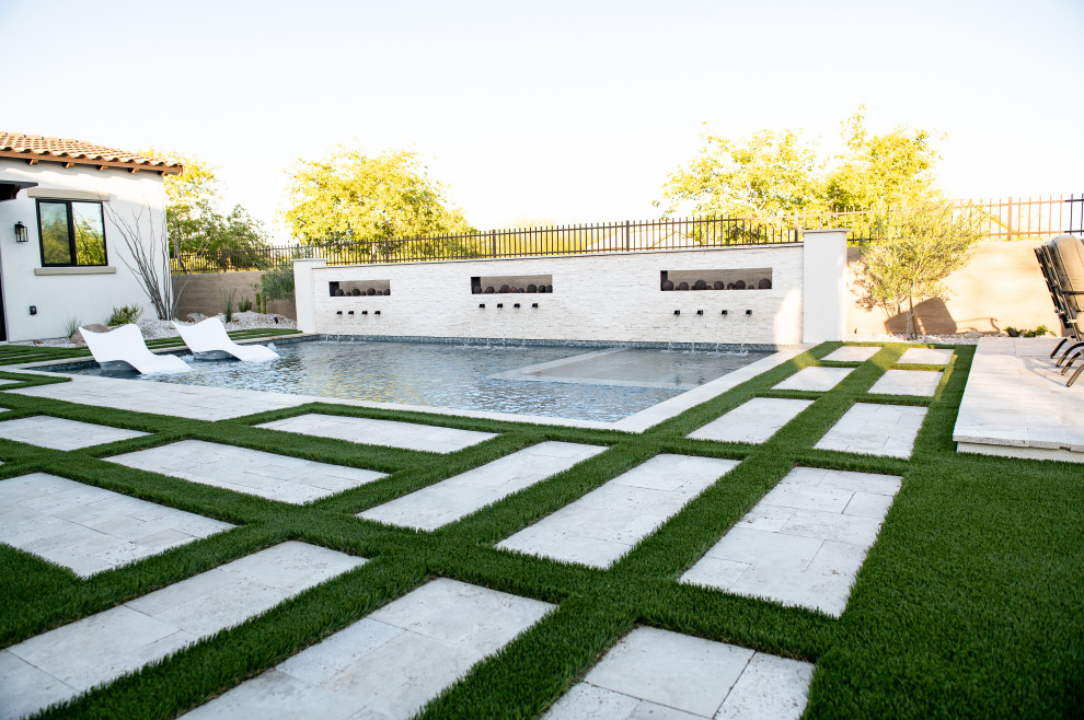 Swimming pool, artificial turf, travertine pavers