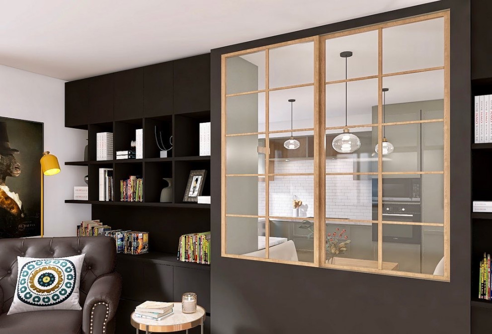 Immagine di un grande soggiorno minimalista chiuso con libreria, pareti nere, parquet chiaro e pavimento marrone