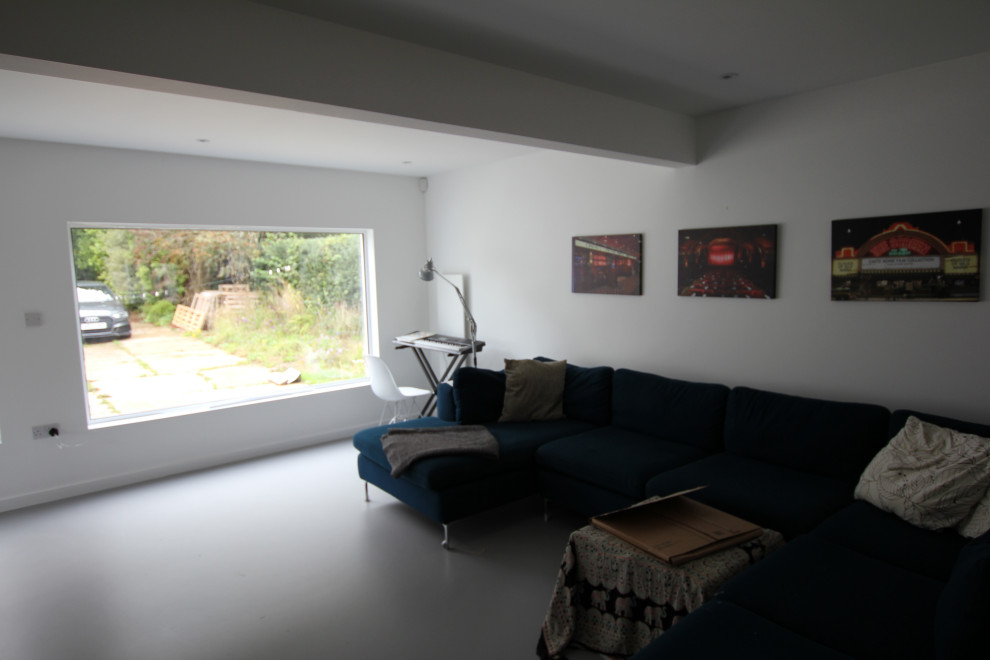 Immagine di un soggiorno moderno di medie dimensioni con pareti bianche, pavimento in cemento e pavimento grigio