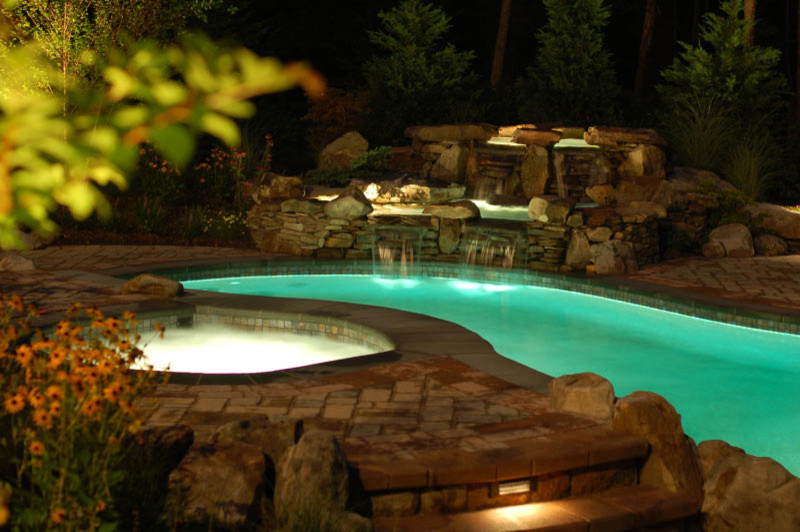 This is an example of a mid-sized eclectic backyard custom-shaped natural pool in DC Metro with a water feature and concrete pavers.