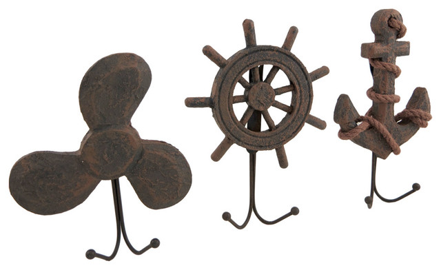 Set Of 3 Weathered Finish Anchor Prop And Wheel Nautical Wall Hooks