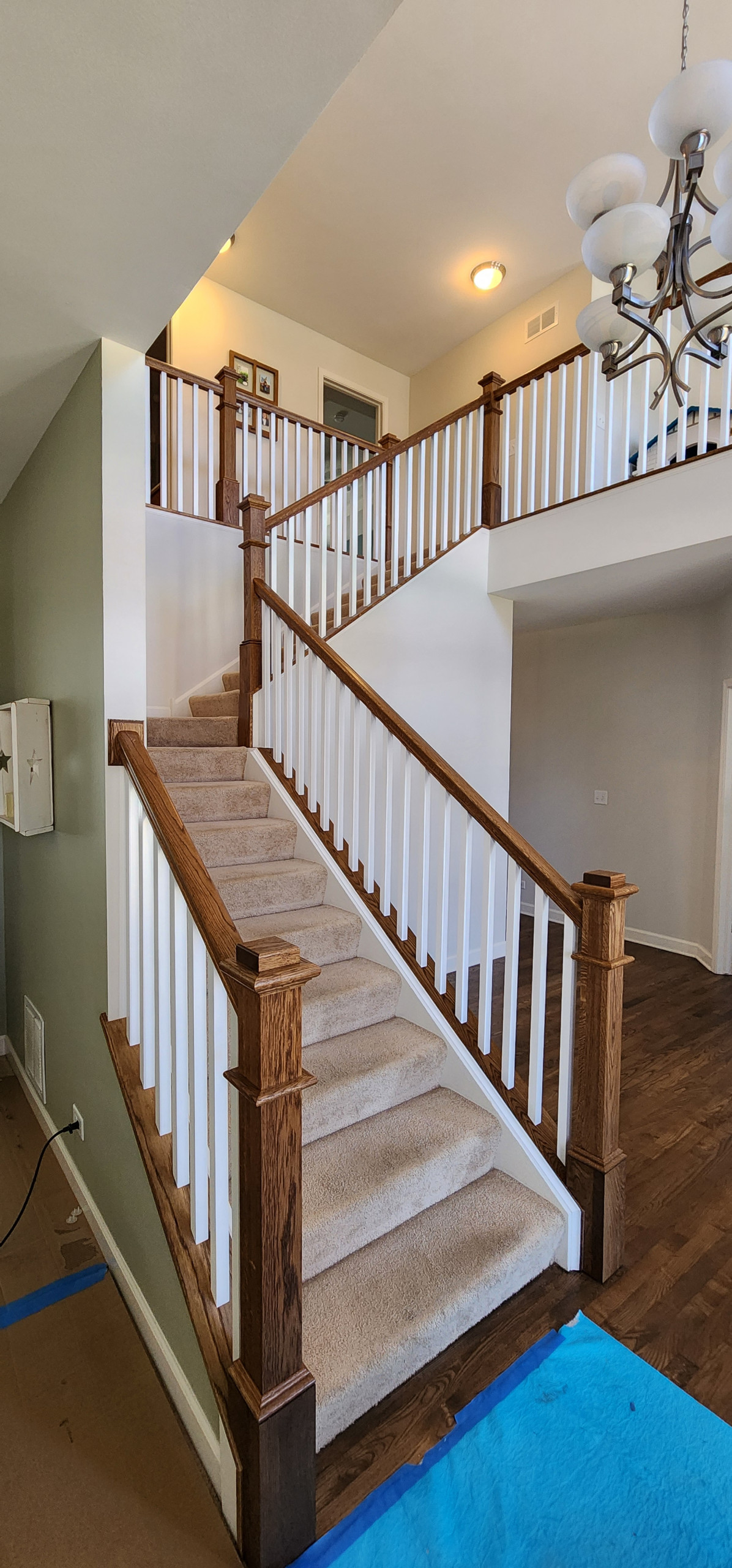 White Oak Provincial Box Newels with square white balusters