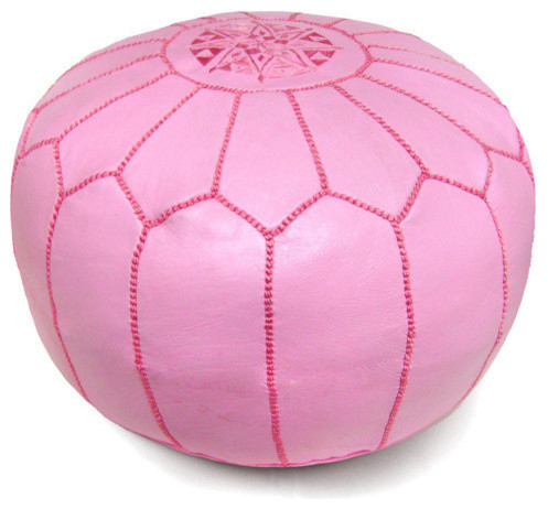 Moroccan Leather Stuffed Pouf, Pink