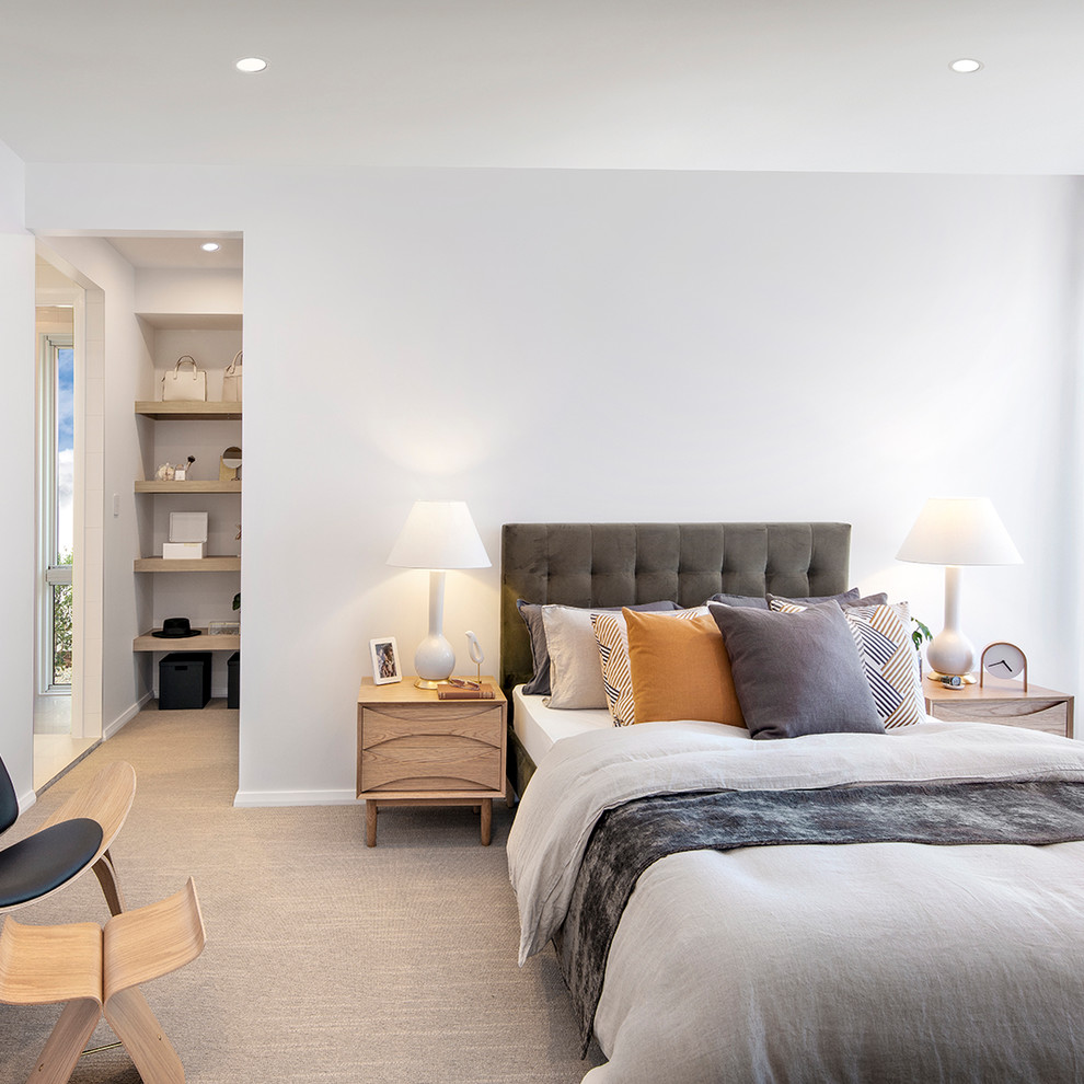 This is an example of a large midcentury master bedroom in Canberra - Queanbeyan with white walls, carpet and brown floor.