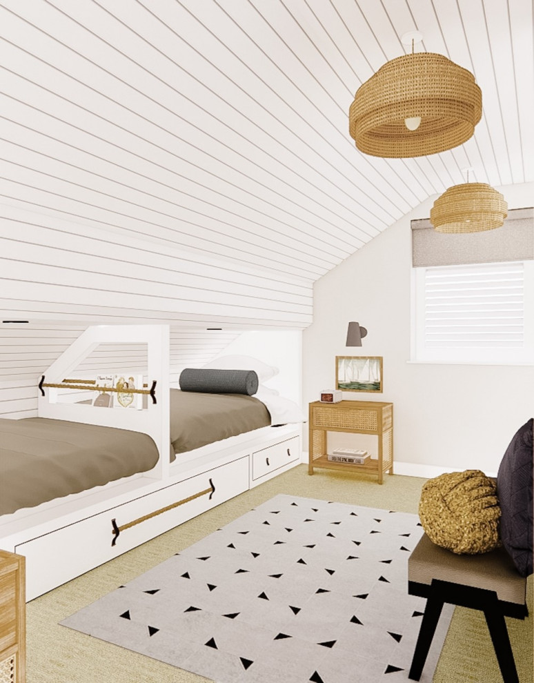 チェシャーにある小さな北欧スタイルのおしゃれな客用寝室 (塗装板張りの天井、ベージュの壁、カーペット敷き、ベージュの床、塗装板張りの壁) のインテリア