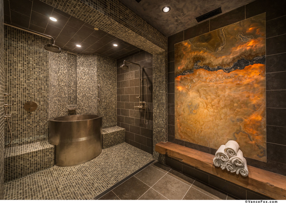Inspiration for a country master bathroom in Sacramento with a japanese tub, a double shower, multi-coloured tile, ceramic tile and slate floors.