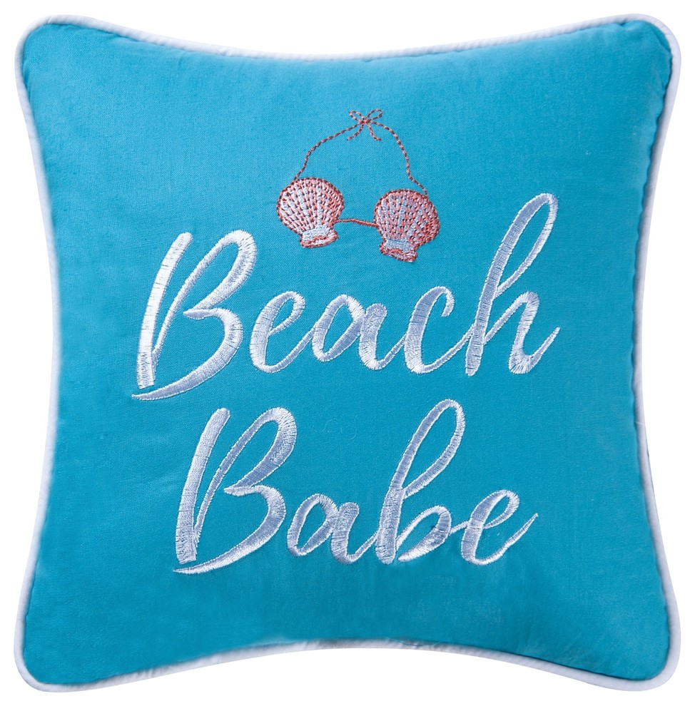 Beach Babe Embroidered Blue Accent Throw Pillow 10 Inches
