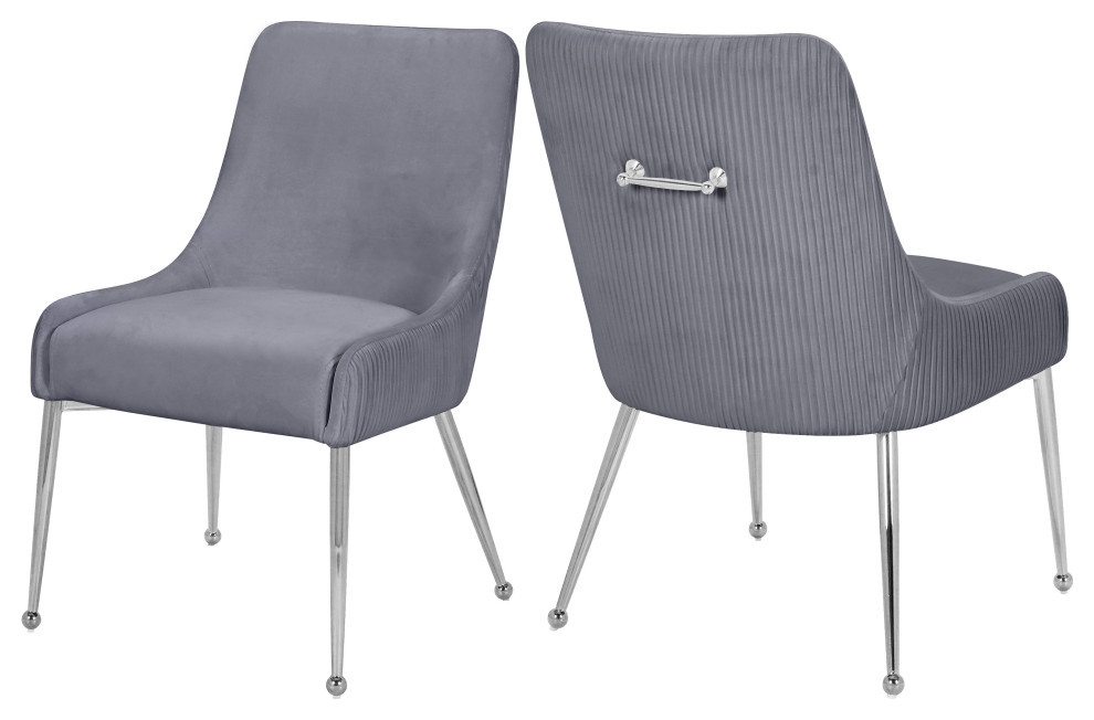 The Cue Dining Chair, Gray and Chrome, Pleated Velvet (Set of 2)