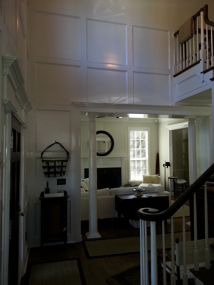 This is an example of a mid-sized traditional foyer in Jacksonville with white walls and dark hardwood floors.