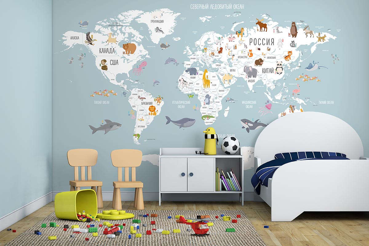 Фотообои Карта мира Азбука светло-голубая