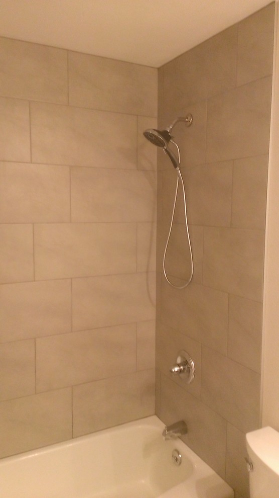BATHROOM - 12" x 24" Gray Wall Tile / 5" x 24" Wood Plank Floor Tile ...