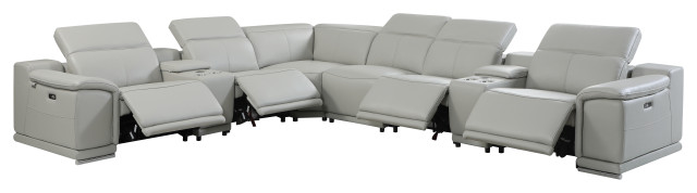 Frederico Genuine Italian Leather 8-Piece 2 Console 4-Power Reclining Sectional, Light Gray