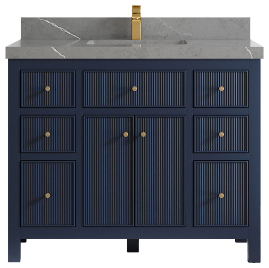 Sonoma 42 Single Sink Reeded Bath Vanity in Navy Blue 2" Piatra Gray ...