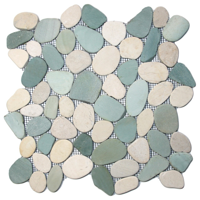 Sliced Sea Green And White Pebble Tile Contemporary Mosaic Sliced Sea Green And White Pebble Tile