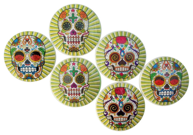 6 Piece Set Sugar Skull Starburst Oversized Cabinet Knobs Green