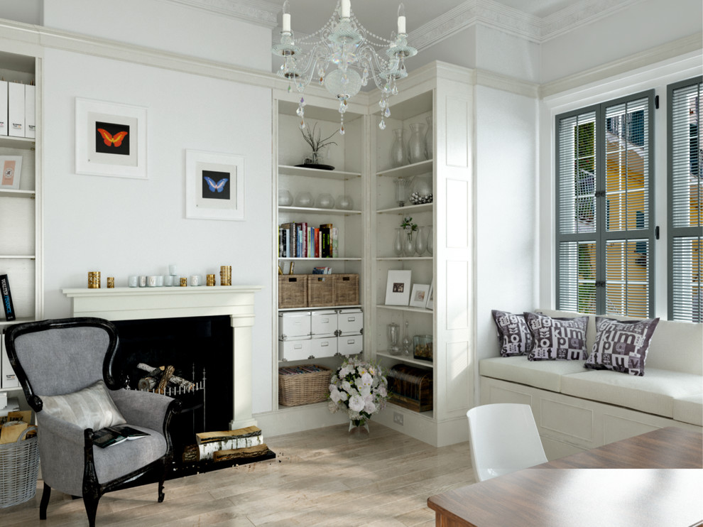 Библиотека, в загородном доме, на побережье.