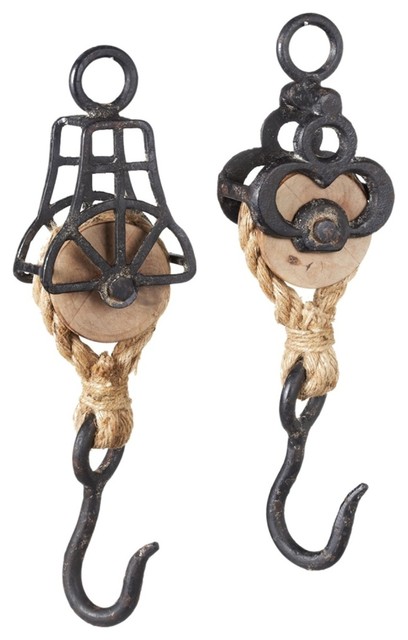 Wood /& Metal Pulley Hooks Country Farmhouse Industrial Vintage Rustic Wall Decor