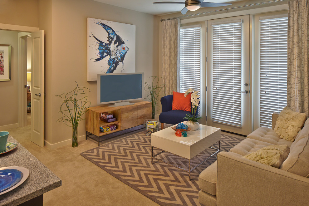 Inspiration for a small transitional enclosed living room in Tampa with carpet and a freestanding tv.