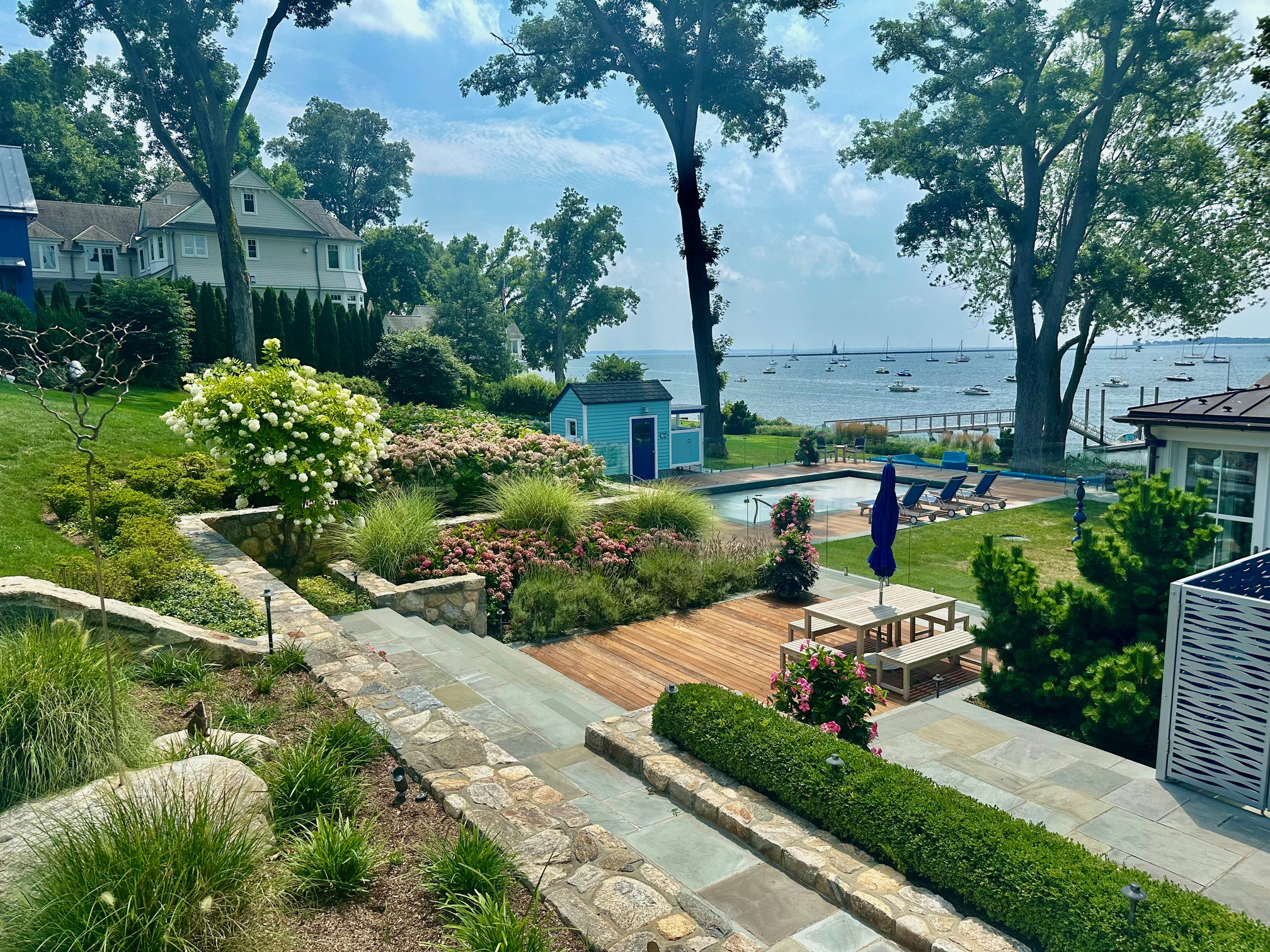 The Gardens looking from the front door out over long island sound