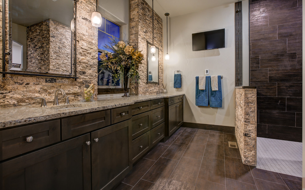 Inspiration for a large modern master bathroom in Denver with shaker cabinets, brown cabinets, an open shower, brown tile, multi-coloured walls and engineered quartz benchtops.