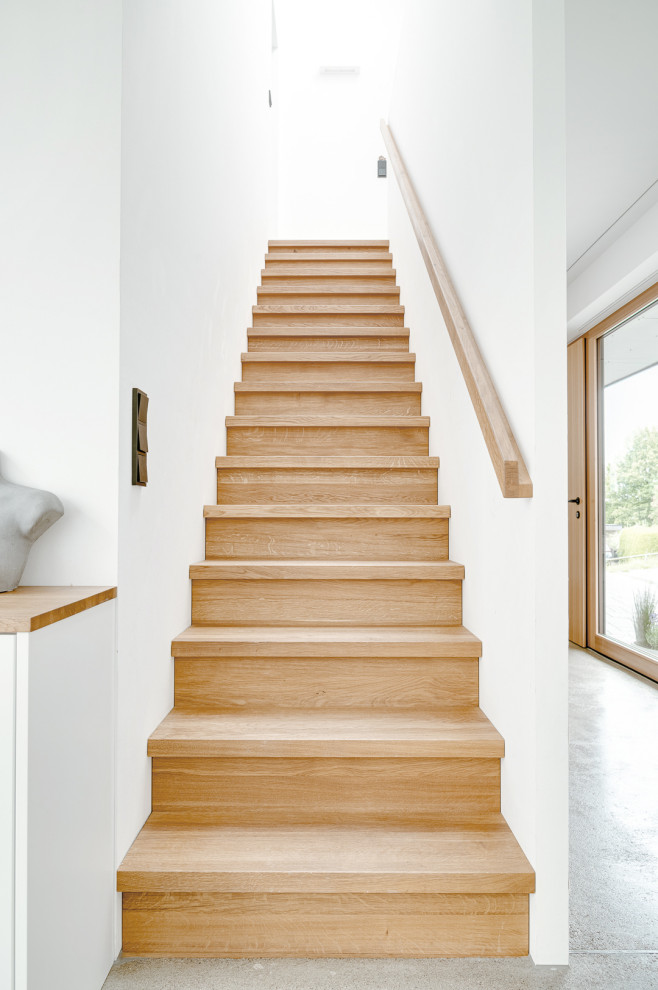 Aménagement d'un escalier droit moderne de taille moyenne avec des marches en bois, des contremarches en bois et un garde-corps en bois.