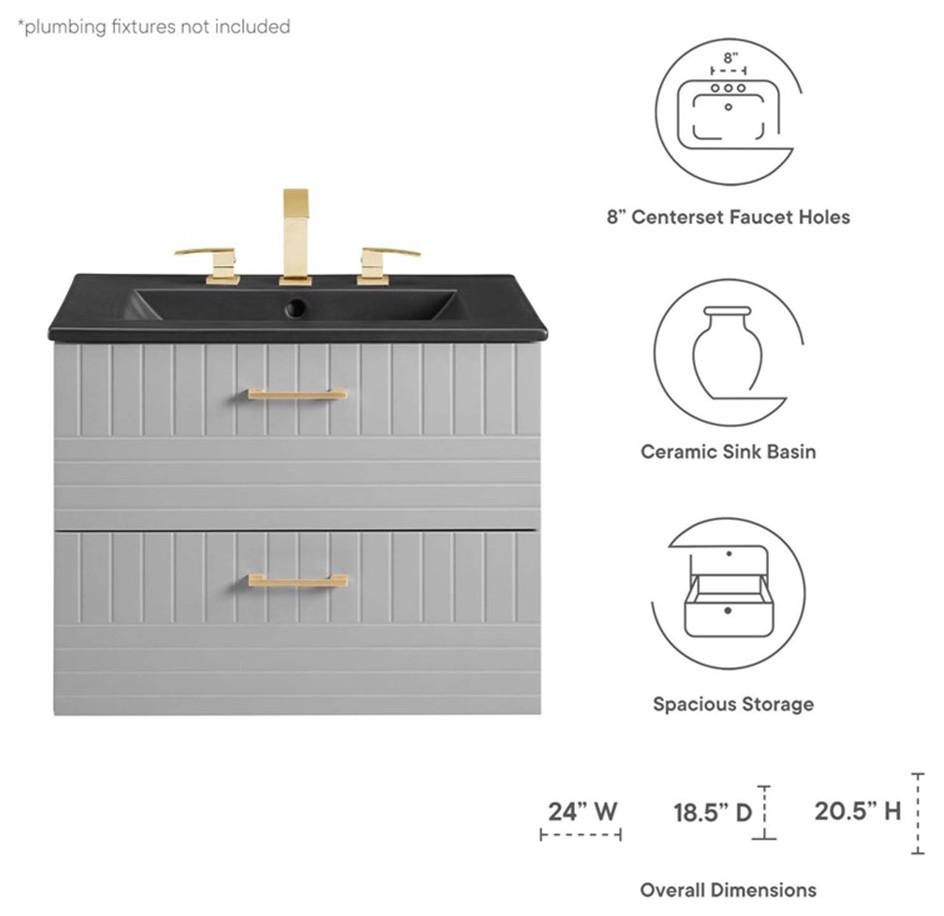 Modway Daybreak 24" Rubberwood MDF Particleboard Bathroom Vanity in