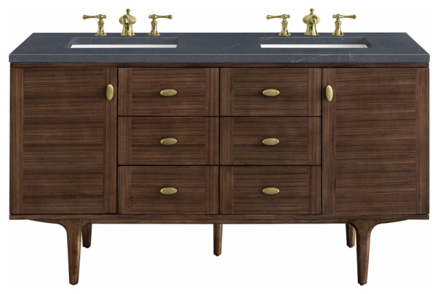 60" Modern Mid-Century Walnut Double Sink Bathroom Vanity, James Martin ...