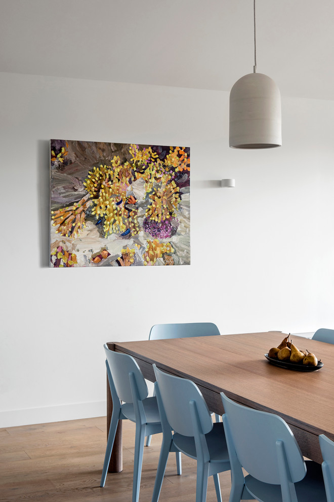 Design ideas for a large contemporary open plan dining in Brisbane with white walls and light hardwood floors.