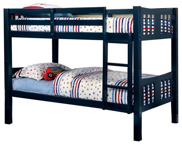 Slatted Twin Over Twin Bunk Bed with Attached Ladder, Blue
