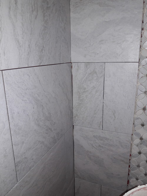 Shower tile grout lines crooked and lack of mortar/thinset