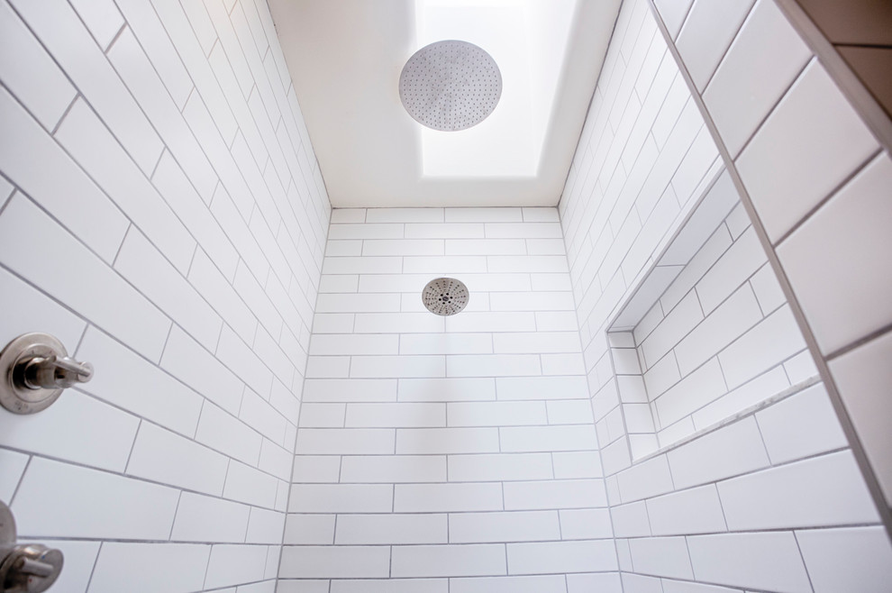 Inspiration for a huge transitional master brown tile and porcelain tile porcelain tile freestanding bathtub remodel in Phoenix with shaker cabinets, white cabinets, a two-piece toilet, gray walls, an undermount sink and quartzite countertops