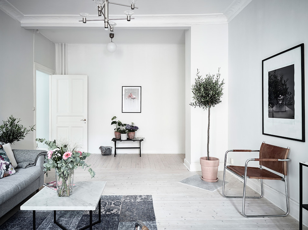 Photo of a traditional living room in Gothenburg with light hardwood floors, white walls and white floor.