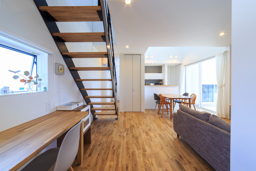 Photo of a scandinavian wood staircase in Other with open risers.