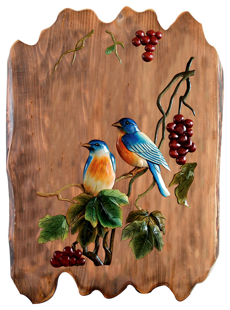 Bluebirds Hand Crafted Intarsia Wood Art Wall Hanging 17 X 21 X 2 Inches, One Size Farmhouse
