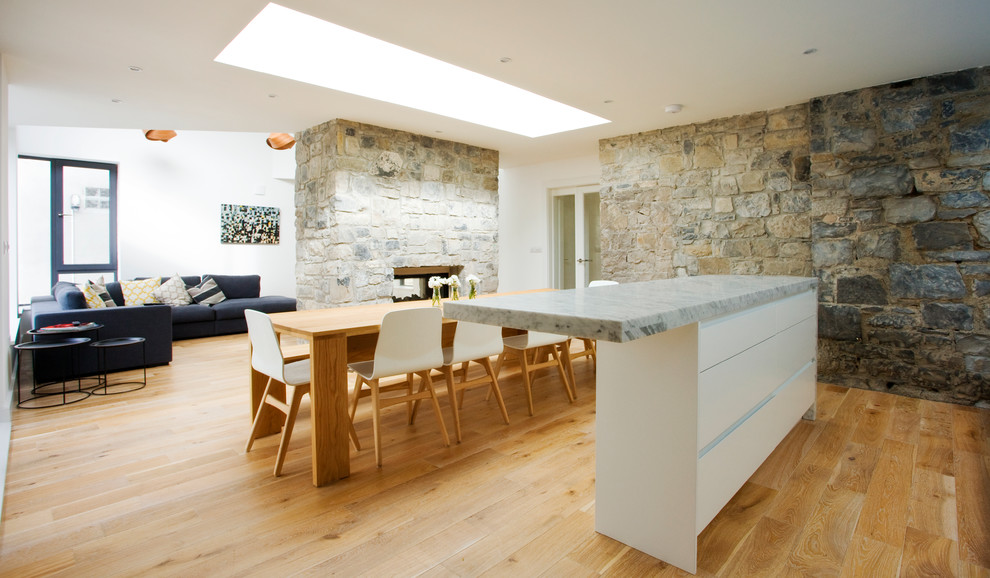 Contemporary open plan dining in Dublin with medium hardwood floors.
