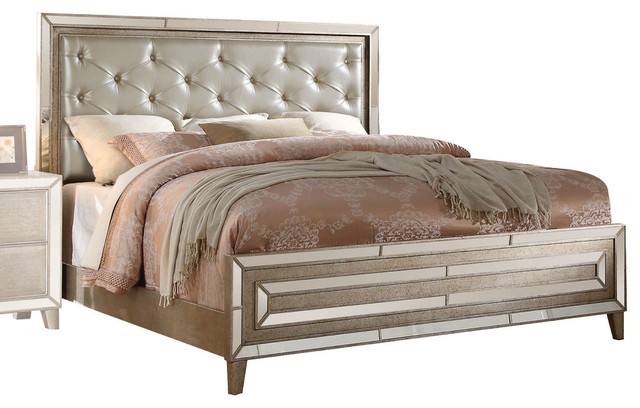 Acme Voeville King Bed, Matte Gold & Antique White 20997EK