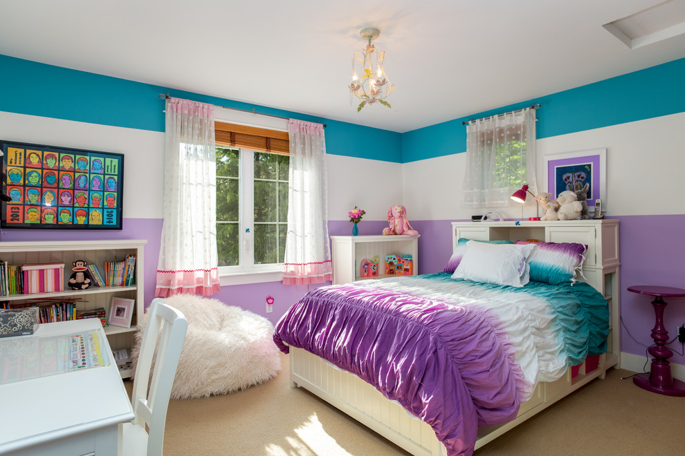 Inspiration for a transitional kids' bedroom for kids 4-10 years old and girls in Seattle with multi-coloured walls and carpet.