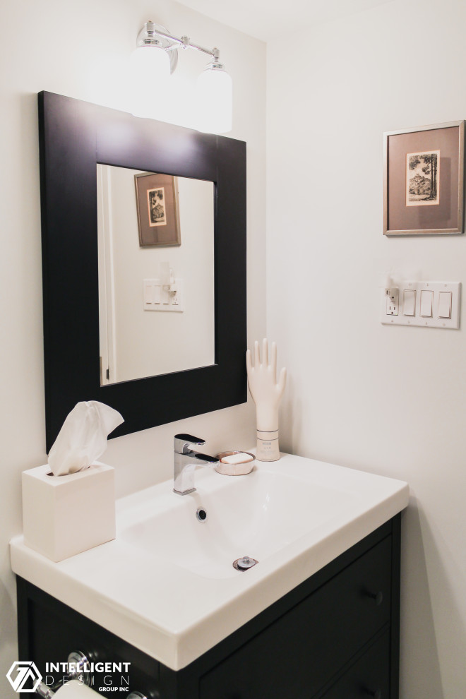 Example of a mid-sized transitional master white tile and marble tile white floor and double-sink alcove bathtub design in Toronto with flat-panel cabinets, dark wood cabinets, white walls and a freestanding vanity