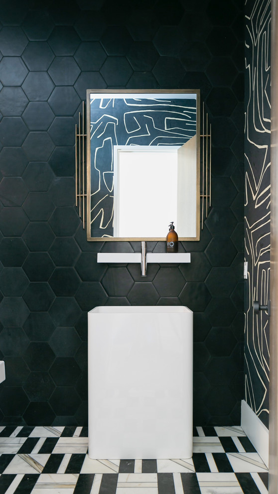 Design ideas for a contemporary powder room in Orange County with green tile, green walls, a pedestal sink and multi-coloured floor.