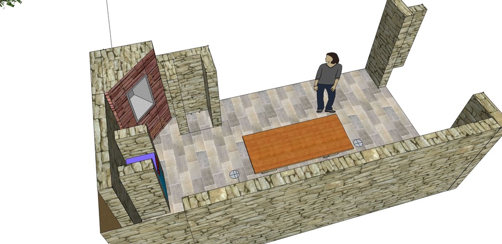 Обустройство частного двора с фасадом и элементами из сварных габионов.