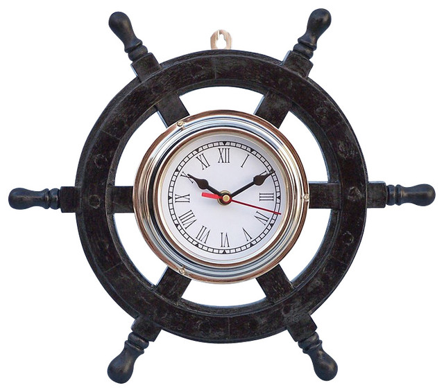 Deluxe Class Pirate Ship Wheel Clock, Wood and Chrome, 12