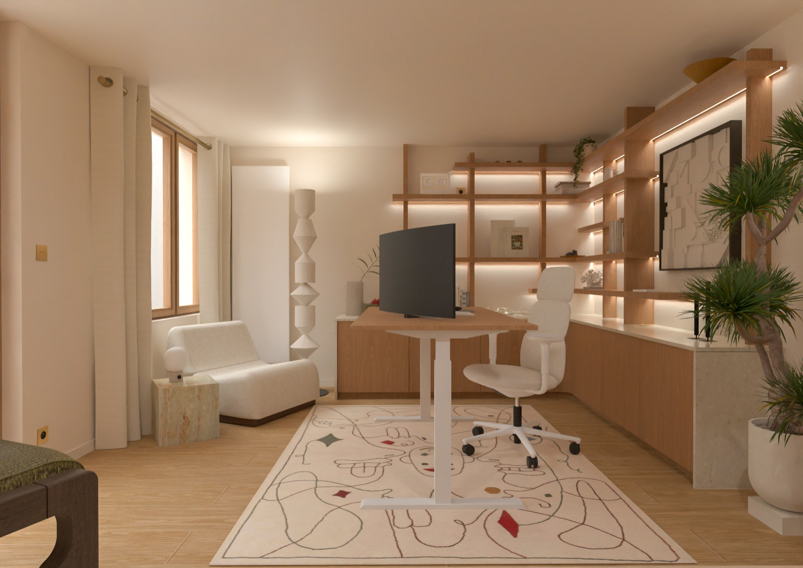 Bibliothèque sur mesure rétroéclairée et espace de travail – Projet Onzième