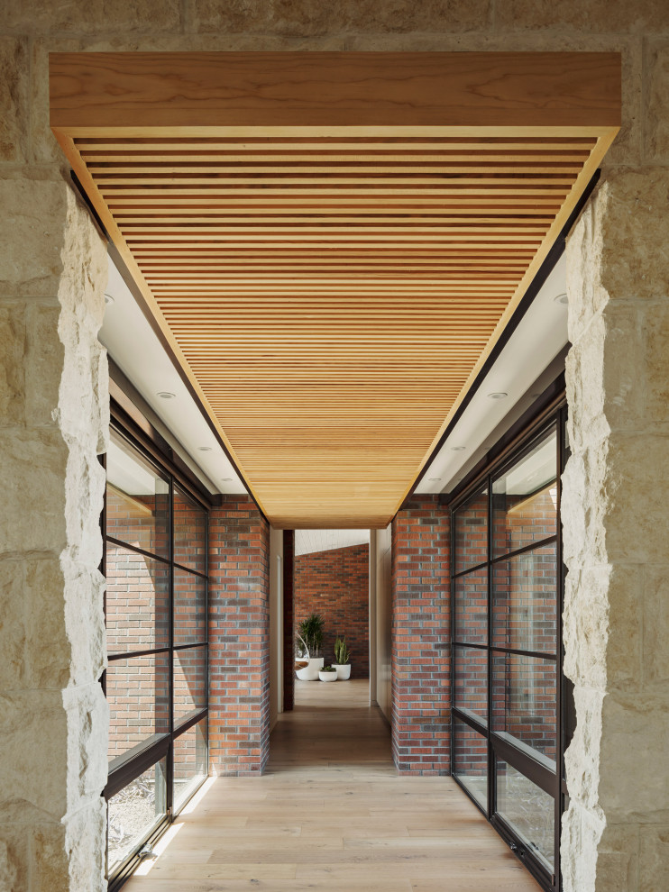 Ejemplo de recibidores y pasillos actuales de tamaño medio con madera