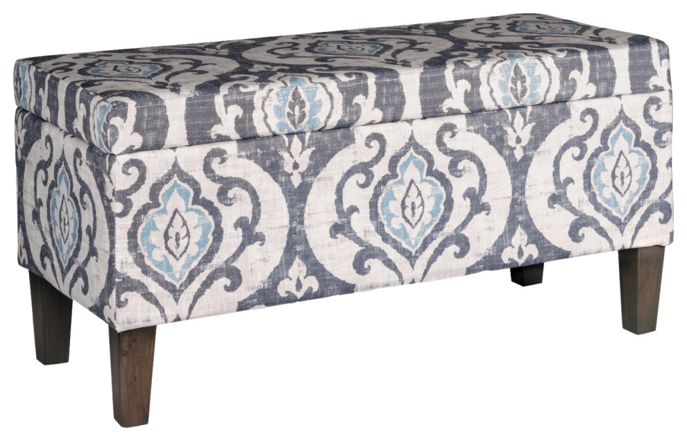 Damask Patterned Fabric Wooden Bench With Hinged Storage, Large
