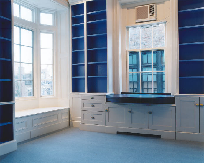 Home design - transitional loft-style carpeted and gray floor home design idea in Orange County with blue walls and no fireplace